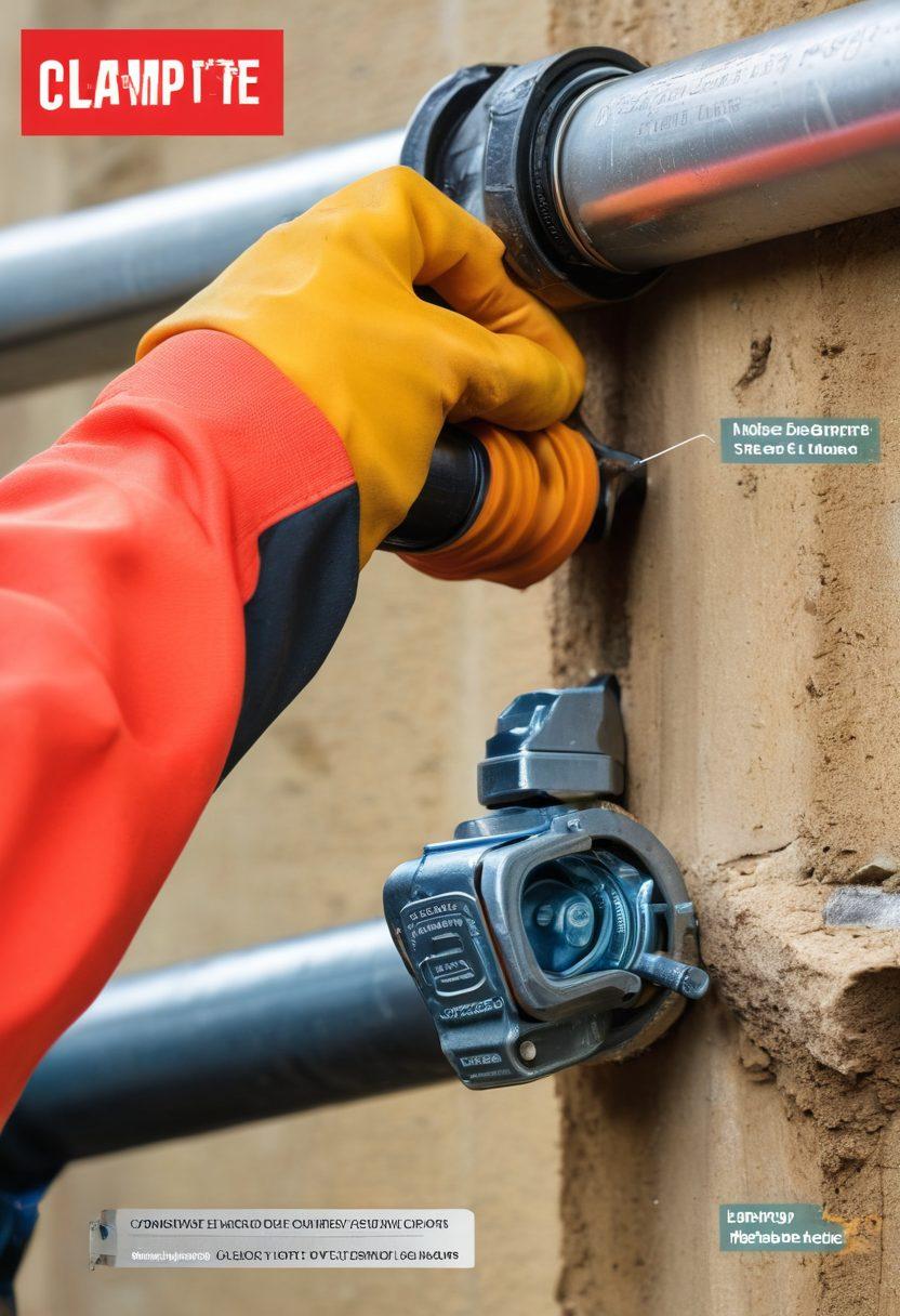 A detailed, close-up image of a CLAMP-TITE tool being used to securely fasten a clamp around a leaking pipe, showcasing the step-by-step process. Include clear, labeled annotations for each part of the tool. Ideal for readers seeking emergency repair guidance. super-realistic. vibrant colors. white background.