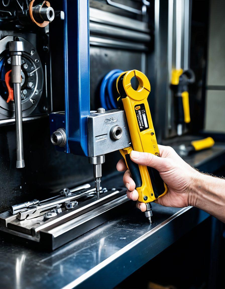 A detailed close-up of a CLAMP-TITE tool in action, precisely clamping shiny metallic pipes. The background shows a rugged workbench with assorted tools and bolts scattered around, hinting at an active repair scene. The image should convey both precision and utility. super-realistic. vibrant colors.