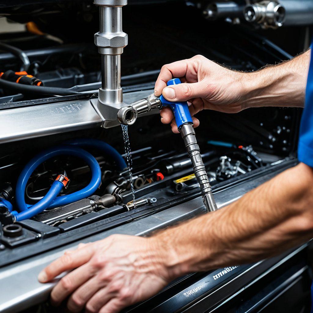 An intricate close-up of a high-quality, stainless steel CLAMP-TITE tool in action, securing a hose with meticulous precision. Emphasize the tool's sleek, ergonomic design against a backdrop of various automotive parts and engineering blueprints. Include a pair of hands demonstrating the ease of use, showcasing a professional's confidence. hyper-realistic. vibrant colors. white background.